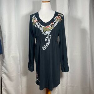 Monroe & Main embroidered Black V-Neck Bishop Sleeve Sundress
